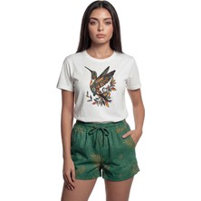 Color Luxe ''renkli Sinek Kuşu'' Sanatsal Baskılı %100 Pamuk Rahat Kesim Premium Kadın Tişört