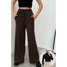 Mezka  Yüksek Bel Cepli Rahat Form Modal Touch Geniş Paça Kadın Eşofman Alt