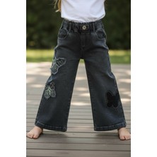 Mini Trends Kız Çocuk Pantolon Denim Kelebek Nakış Siyah Denim