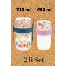 Eynel 2li Set 1100 ve 650 ml Kaşıklı Hazneli Meyveli Yoğurt Kabı Piknik Atıştırmalık Plastik Süt Bardak