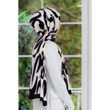 Vissona Lüks Medine Ipeği Fırça Darbesi Desenli Krem - Siyah  Renkli 75X195 Kırışmaz Şal Moss Krep Dikiş Tipi Italyan Dikişli