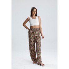 Velizade Kadın Yüksek Bel Bol Kesim Beli Lastikli Desenli Yazlık Salaş Viskon Pamuklu Pantolon  - Yeşil