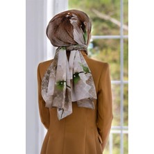 Vissona Lüks Medine Sulu Boya Çiçek Desenli Bej Renkli 75X195 Kırışmaz Şal Moss Krep Dikiş Tipi Italyan Dikişli
