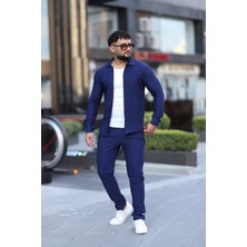 L-KOM Çizgili Slim Fit 2li Takım (Gömlek & Pantolon) - Pamuklu Rahat Takım Elbise