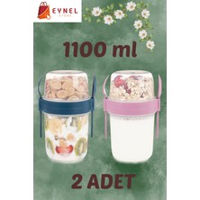 Eynel 2li Set 1100 ml Take-Go Kaşıklı Hazneli Meyveli Yoğurt Kabı Piknik Atıştırmalık Granola Süt Bardak