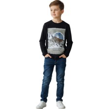 Çikoby Erkek Çocuk Siyah İnce Sweatshirt – Baskılı, Uzun Kollu, %100 Pamuk, Tam Kalıp