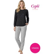 Bie's Kadın Viskon Mevsimlik Uzun Kol Cepli Pijama Takımı-Üstü Ince Triko Alt Pijama Dar Kesim Jakar Kumaş