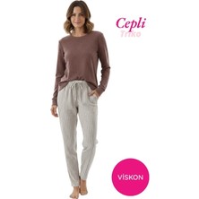 Bie's Kadın Viskon Mevsimlik Uzun Kol Cepli Pijama Takımı-Üstü Ince Triko Alt Pijama Dar Kesim Jakar Kumaş