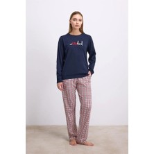 Will Like Rahat ve Şık %100 Pamuklu Uzun Kol Sweatshirt ve Ekose Pantolon Pijama Takımı