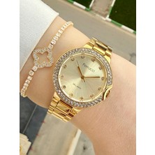 Ferrucci Gold Renk Çelik Kordon Kadın Kol Saati ve Hediye Bileklik