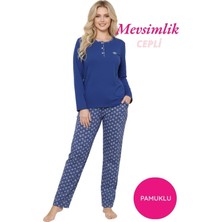 Bie's Kadın Mavi Etnik Desen 3 Düğme Pamuk Likra Mevsimlik Uzun Kol Pijama Takımı