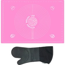 Kitchen Design Lab 2'li Set Pembe 45X65 cm Silikon Hamur Açma Matı ve Gri Silikon Yanmaz Mutfak Fırın Eldiveni