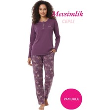 Alimer Kadın Mürdüm Çiçek Desen 3 Düğme Pamuk Likra Mevsimlik Uzun Kol Pijama Takımı