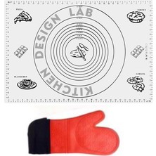 Kitchen Design Lab 2'li Set Beyaz 45X65 cm Silikon Hamur Açma Matı ve Kırmızı Silikon Yanmaz Mutfak Fırın Eldiveni