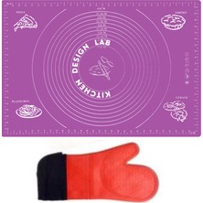 Kitchen Design Lab 2'li Set Mor 45X65 cm Silikon Hamur Açma Matı ve Kırmızı Silikon Yanmaz Mutfak Fırın Eldiveni