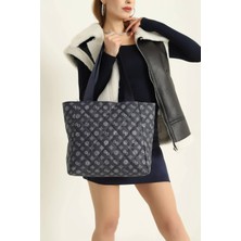 Clodi Lacivert Desenli Büyük Boy Fermuarlı Kadın Kol ve Omuz Çantası