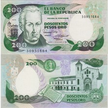 Banknoting Kolombiya 200 Peso 1985 Simon Bolivar Büstlü. Çil Kondisyon