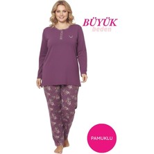 Alimer Kadın Mürdüm Büyük Beden Çiçek Desen 3 Düğme Pamuk Likra Mevsimlik Uzun Kol Pijama Takımı