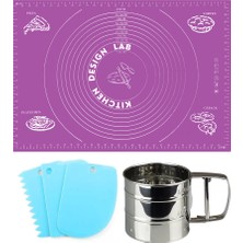 Kitchen Design Lab Mor 45X65 cm Silikon Hamur Açma Matı, Çelik Un Eleği ve Hamur Şekillendirme Seti 3’lü