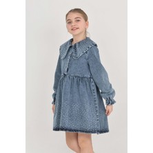 Modanino Kız Çocuk Taş Süslemeli ve Geniş Yakalı Jean Elbise 12453