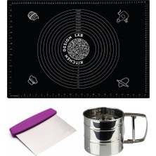 Kitchen Design Lab Siyah Silikon Ölçülü Çok Amaçlı Hamur Açma Matı 45 cm x 65 Cm, Çelik Un Eleği ve Çelik Hamur Kesici