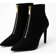 Mira Kadın Siyah Hakiki Süet Deri Ince Topuklu Fermuarlı Bot