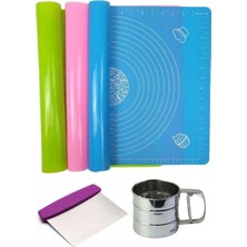 Kitchen Design Lab Silikon Ölçülü Çok Amaçlı Hamur Açma Matı 45 cm x 65 Cm, Çelik Un Eleği ve Çelik Hamur Kesici