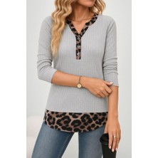 Cottonlab Kadın Uzun Kollu Yakadan Düğmeli Leopar Detaylı Kaşkorse Bluz