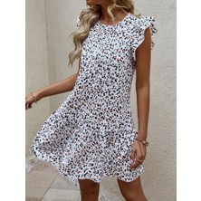 Cottonlab Kadın Kısa Kollu Bisiklet Yaka Etek Ucu Volanlı Kısa Dokuma Elbise