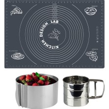 Kitchen Design Lab Gri 45X65 cm Silikon Hamur Açma Matı, Çelik Un Eleği ve Ayarlanabilir Yuvarlak Pasta Kalıbı