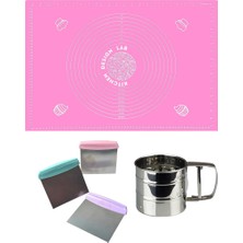 Kitchen Design Lab Pembe Silikon Ölçülü Çok Amaçlı Hamur Açma Matı 45 cm x 65 Cm, Çelik Un Eleği ve Çelik Hamur Kesici