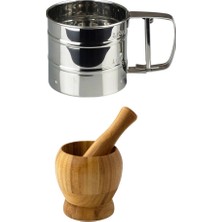 Kitchen Design Lab Paslanmaz Çelik Un Eleği ve Doğal Bambu Ahşap Sarımsak Ezeceği Havan Orta Boy