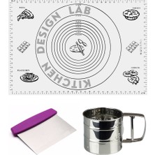 Kitchen Design Lab Beyaz Silikon Ölçülü Çok Amaçlı Hamur Açma Matı 45 cm x 65 Cm, Çelik Un Eleği ve Çelik Hamur Kesici