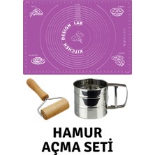 Kitchen Design Lab Mor 45X65 cm Silikon Hamur Açma Matı, Çelik Un Eleği ve Ahşap Saplı Hamur Açıcı