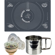 Kitchen Design Lab Gri 45X65 cm Silikon Hamur Açma Matı, Çelik Un Eleği ve Hamur Dinlendirme Poşeti 8 Li