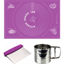 Kitchen Design Lab Mor Silikon Ölçülü Çok Amaçlı Hamur Açma Matı 45 cm x 65 Cm, Çelik Un Eleği ve Çelik Hamur Kesici