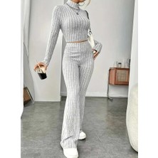 Cottonlab Kadın Uzun Kollu Balıkçı Yaka Krop ve Pantolon Şardonlu Kaşkorse Ikili Takım