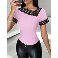 Cottonlab Kadın Kısa Kollu Dantel Yaka Viskon Bluz