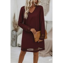 Cottonlab Kadın Uzun Kollu V Yakalı Tül Şerit Detaylı Mini Krep Elbise