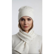 Beyaz Inci Taş Detaylı Atkı Bere Takımı