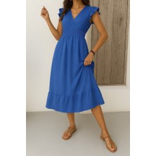 Cottonlab Kadın Kısa Kelebek Kollu Kruvaze Yakalı Beli Lastikli Aerobin Elbise