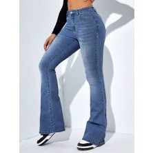 Cottonlab Kadın Yüksek Bel Cepli Ispanyol Paçalı Kot Jeans Pantolon