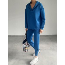 Cottonlab Kadın Uzun Kol V Yaka Kapüşon Detay Sweat ve Yüksel Bel Eşofman Ikili Takım