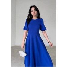 Cottonlab Kadın Kısa Balon Kollu Bisiklet Yaka Geniş Kesim Janjan Krep Elbise