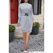 Cottonlab Kadın Uzun Kollu Bisiklet Yaka Kuşaklı Iki Iplik Elbise