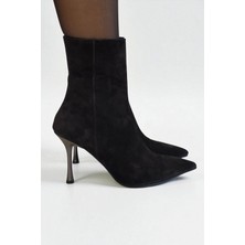 E.R.S Air Comfort Siyah Hakiki Süet Deri Kadın Bot – 9 cm Ince Metal Topuk Bilekte Şık Sivri Burun