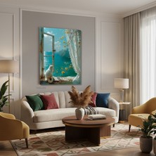 Tablonhazır Dikey Kanvas Tablo Salon Duvar Tablosu Camdaki Kedi Manzara Yeni Ev Hediyesi Ofis Tablosu