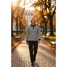 Benerly Kadın Polo Yaka Düşük Kol Çizgili Örme Sweatshirt Fonksiyonel Dayanıklı Kaliteli Konforlu Şık