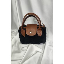 Leaf Accessory Peluş Çanta, Fermuaralı, Elde ve Omuz Askılı, Kahverengi Askılı, Siyah