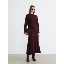 LC Waikiki Lcw Modest Bordo Beli Lastikli Kendinden Desenli Kloş Triko Etek